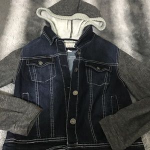 Denim Jacket with Sweat Shirt Sleeves and Hood
